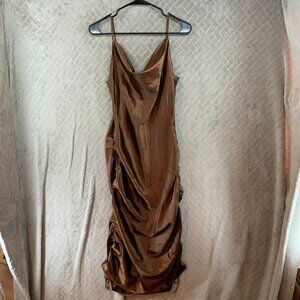 Evnl Womens S Dress Brown Silky Satin Wet Look Long Midi Ruched Formal Cocktail